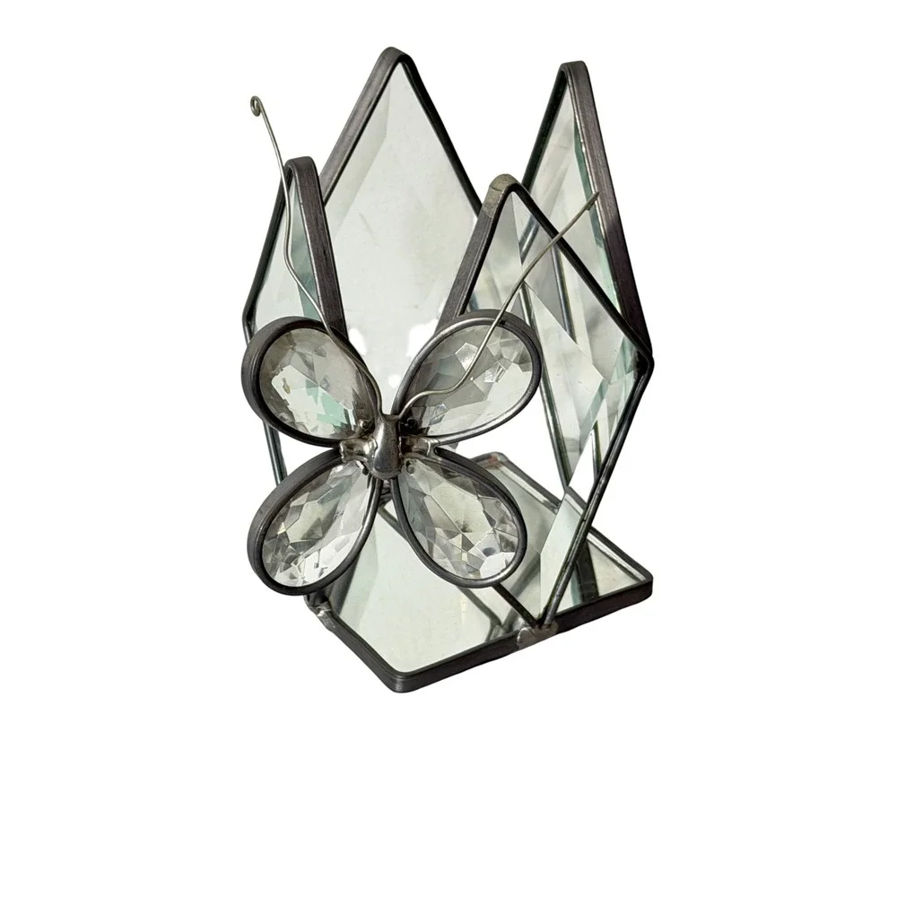Unbranded Leaded Glass Votive Holder Silver Butterfly Beveled Mirror